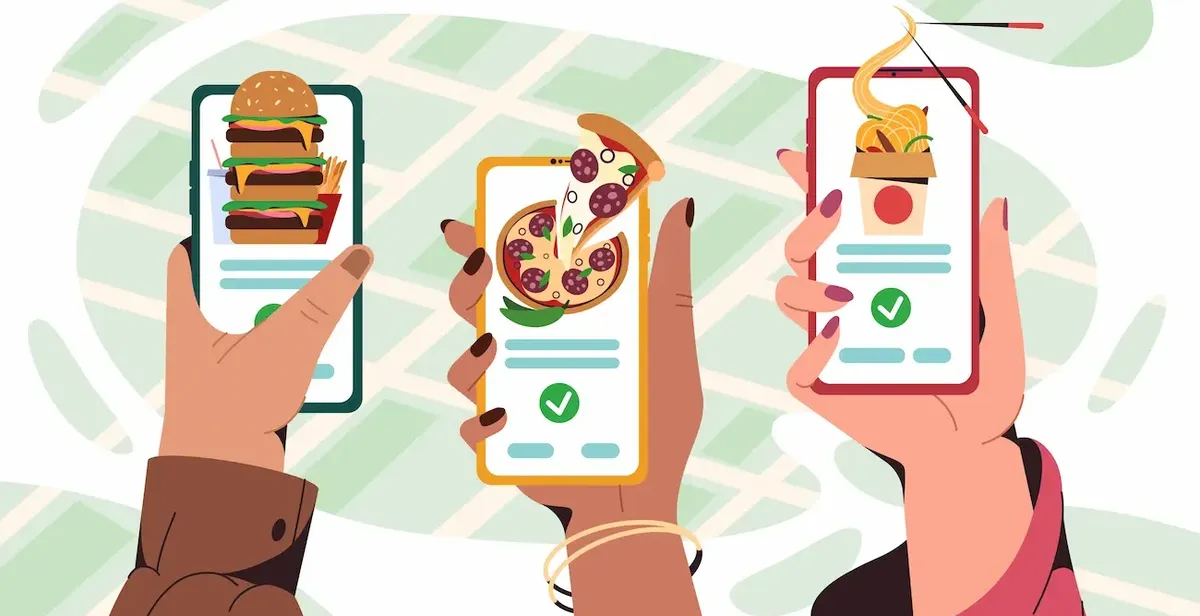 Mani che tengono smartphone con app di ordinazione di cibo, simboleggiando le nuove abitudini alimentari online di Gen Z e Millennials in America