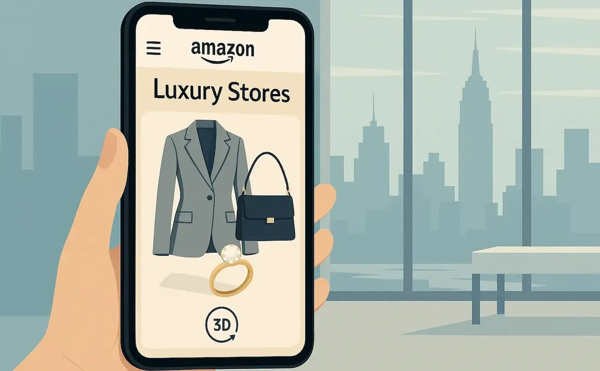 Illustrazione che rappresenta l'esperienza mobile-first di Amazon per lo shopping di lusso, con prodotti di alta moda