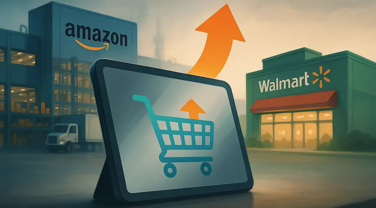 Dominio e-commerce: tablet con carrello, freccia ascendente. Sfondo: Amazon vs Walmart
