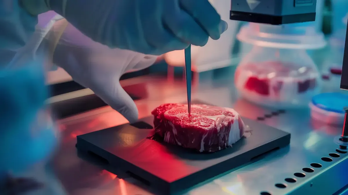 Ricerca e sviluppo sulla carne coltivata in laboratorio, con un pezzo di carne esaminato con pinzette in un ambiente controllato