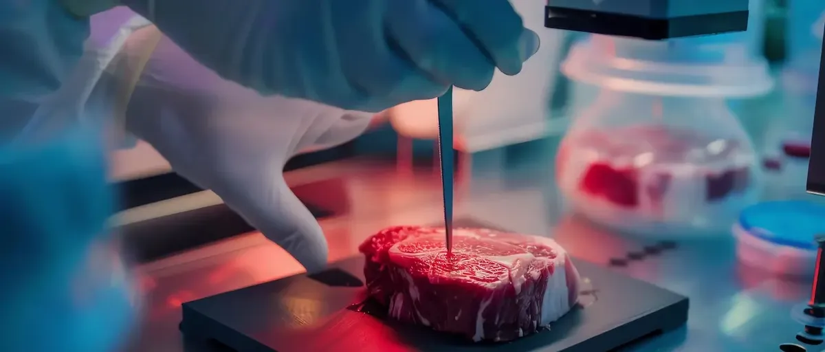 Ricerca e sviluppo sulla carne coltivata in laboratorio, con un pezzo di carne esaminato con pinzette in un ambiente controllato