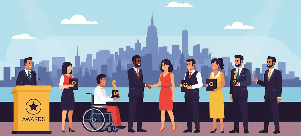 "Illustrazione di una cerimonia di premiazione a New York, con persone diverse che si congratulano, inclusa una persona su sedia a rotelle, simboleggiando l'inclusione.