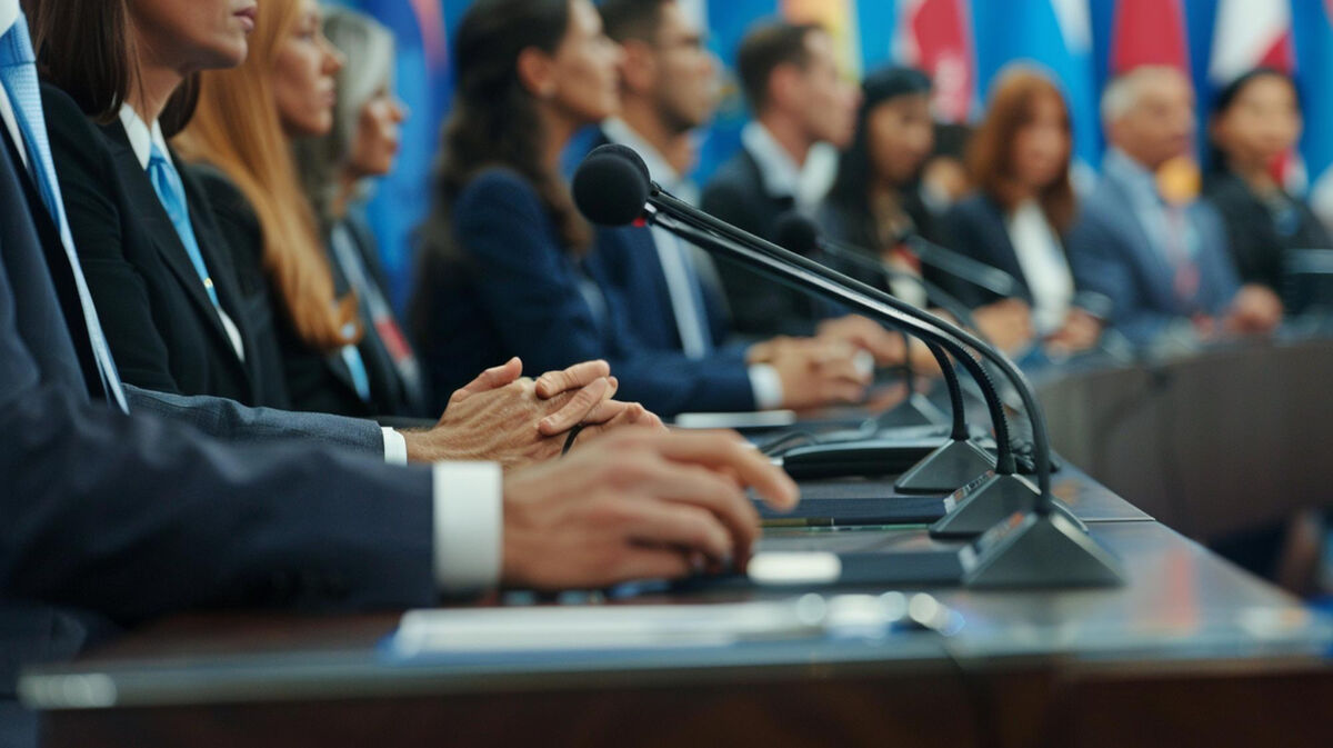 Icona di un seminario o presentazione sul business internazionale, con un globo e un podio