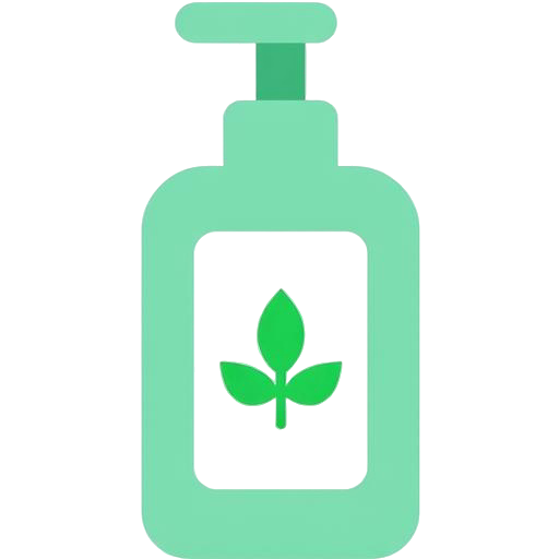 Icona stilizzata di un flacone di sapone con una foglia verde, che simboleggia la cosmetica naturale e sostenibile
