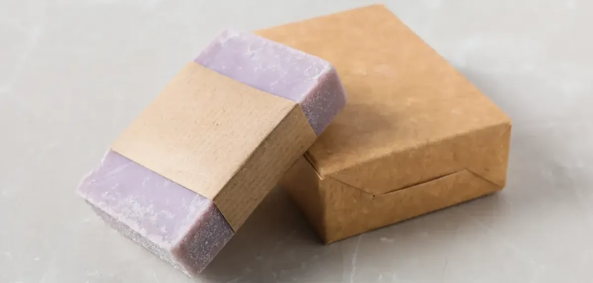 Un sapone solido artigianale avvolto in carta riciclata accanto a una scatola di cartone, che evoca prodotti naturali e sostenibili