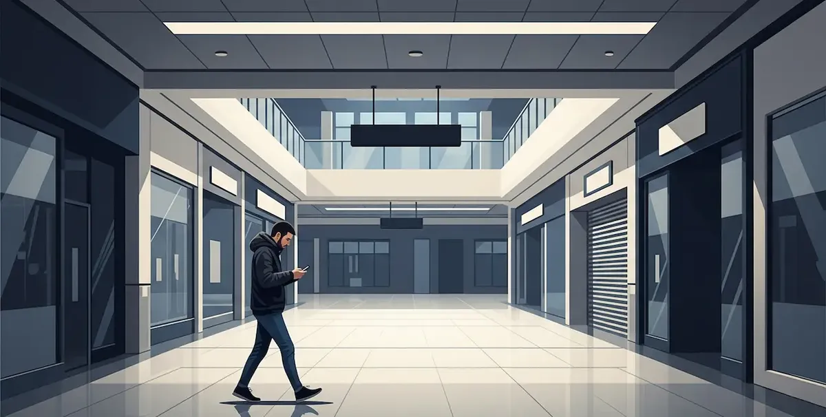 Illustrazione di un centro commerciale in declino con una persona che fa acquisti online, a simboleggiare la crisi del retail fisico