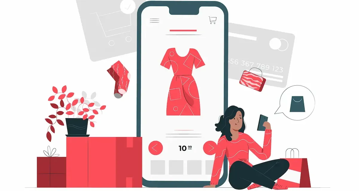 Illustrazione di una persona che acquista abbigliamento online tramite smartphone, rappresentando il crescente e-commerce mobile negli Stati Uniti