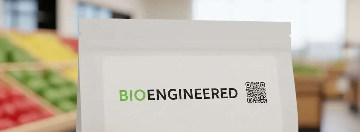 Etichetta di un prodotto alimentare con indicazione "Bioengineered" per il mercato USA, conforme alle norme FDA.