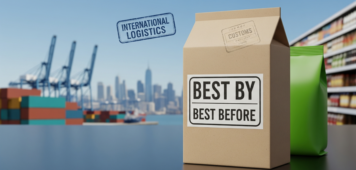 Immagine di un prodotto alimentare con etichetta "Best Before" e sfondo che evoca la logistica di esportazione verso gli Stati Uniti