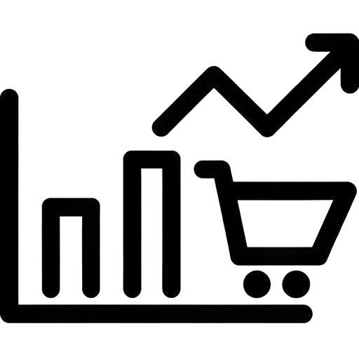 Icona: carrello e grafico a barre con freccia ascendente, crescita e-commerce Icona: carrello e grafico a barre con freccia ascendente, crescita e-commerce
