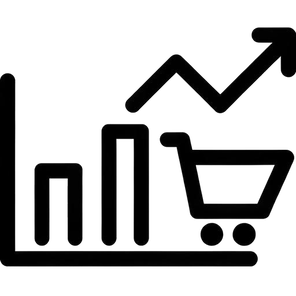 Icona: carrello e grafico a barre con freccia ascendente, crescita e-commerce
