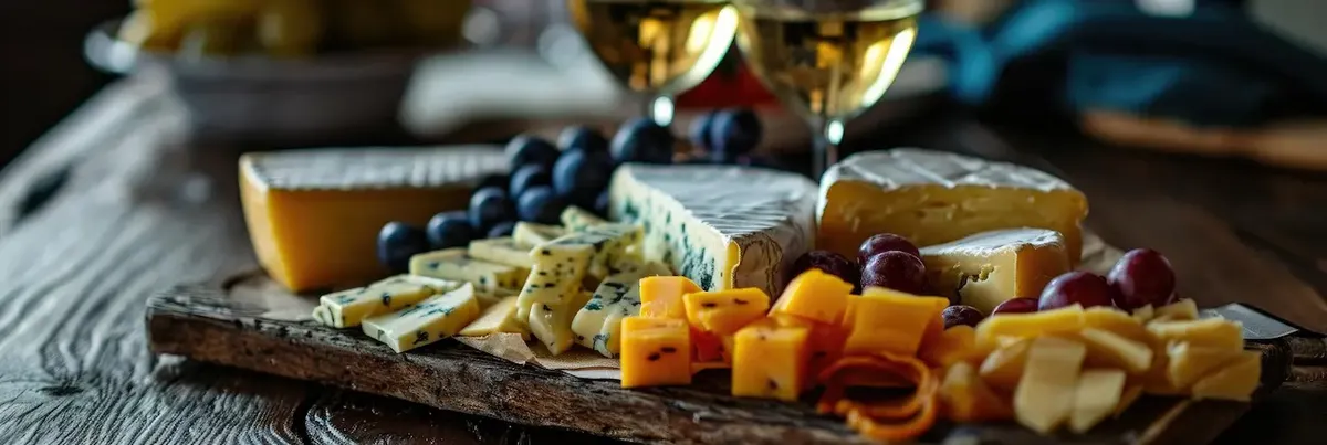 Composizione elegante di formaggi francesi tradizionali su tagliere di legno, ideale per un'esperienza di degustazione