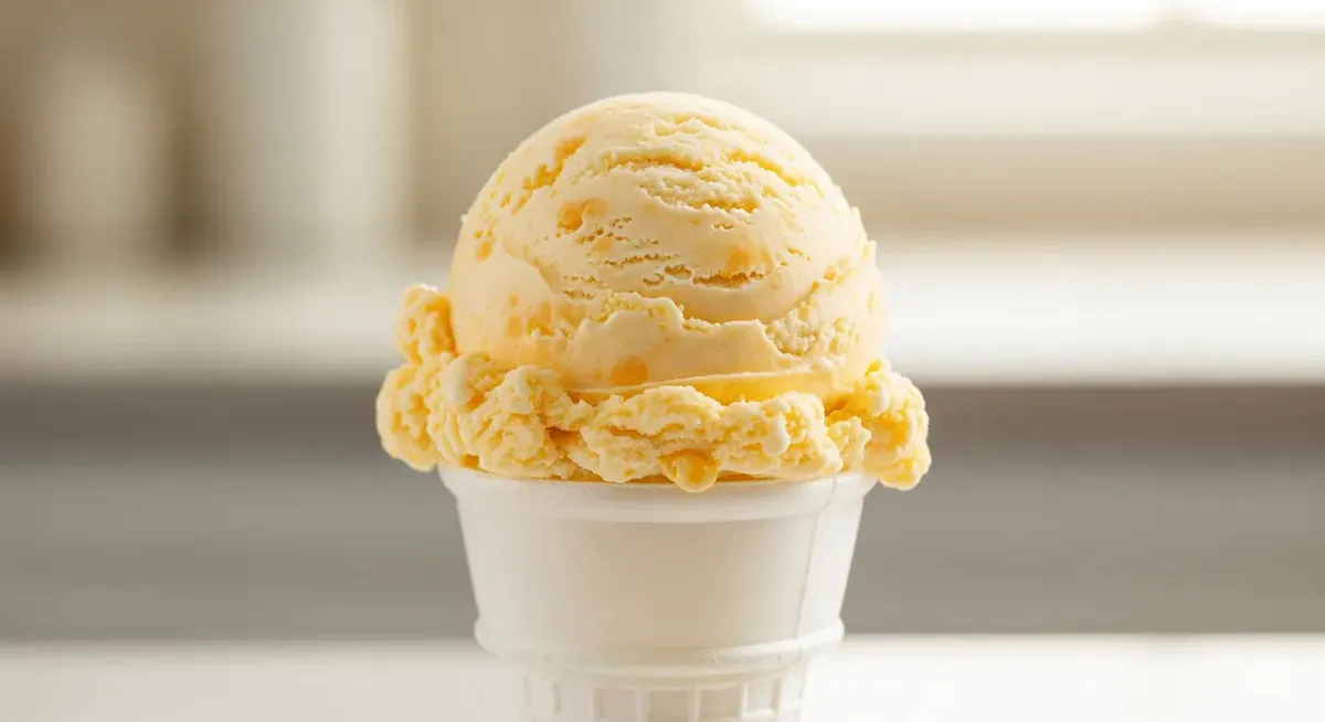 Foto realistica di un gelato giallo-arancio in un cono, suggerisce gusto insolito