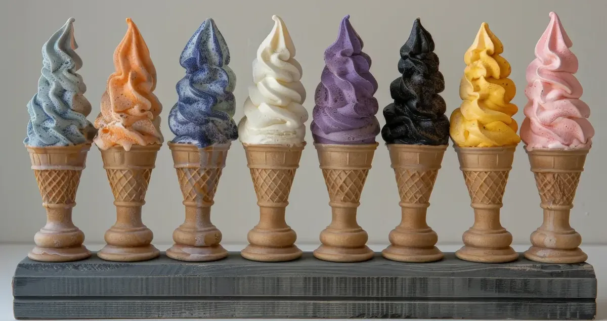 Coni gelato con vari gusti e colori disposti su un supporto in legno, rappresentando la diversità delle tendenze nel mercato del gelato