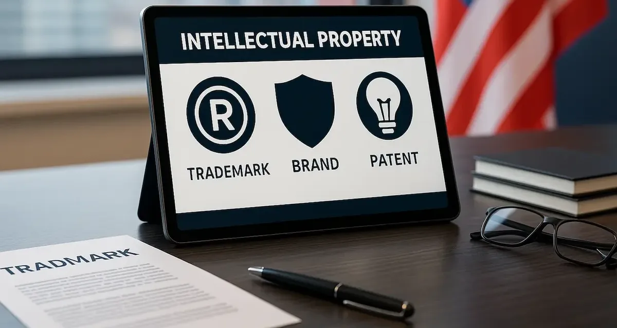 Tablet su scrivania che mostra simboli di proprietà intellettuale (marchio, brand, brevetto) con bandiera USA sullo sfondo