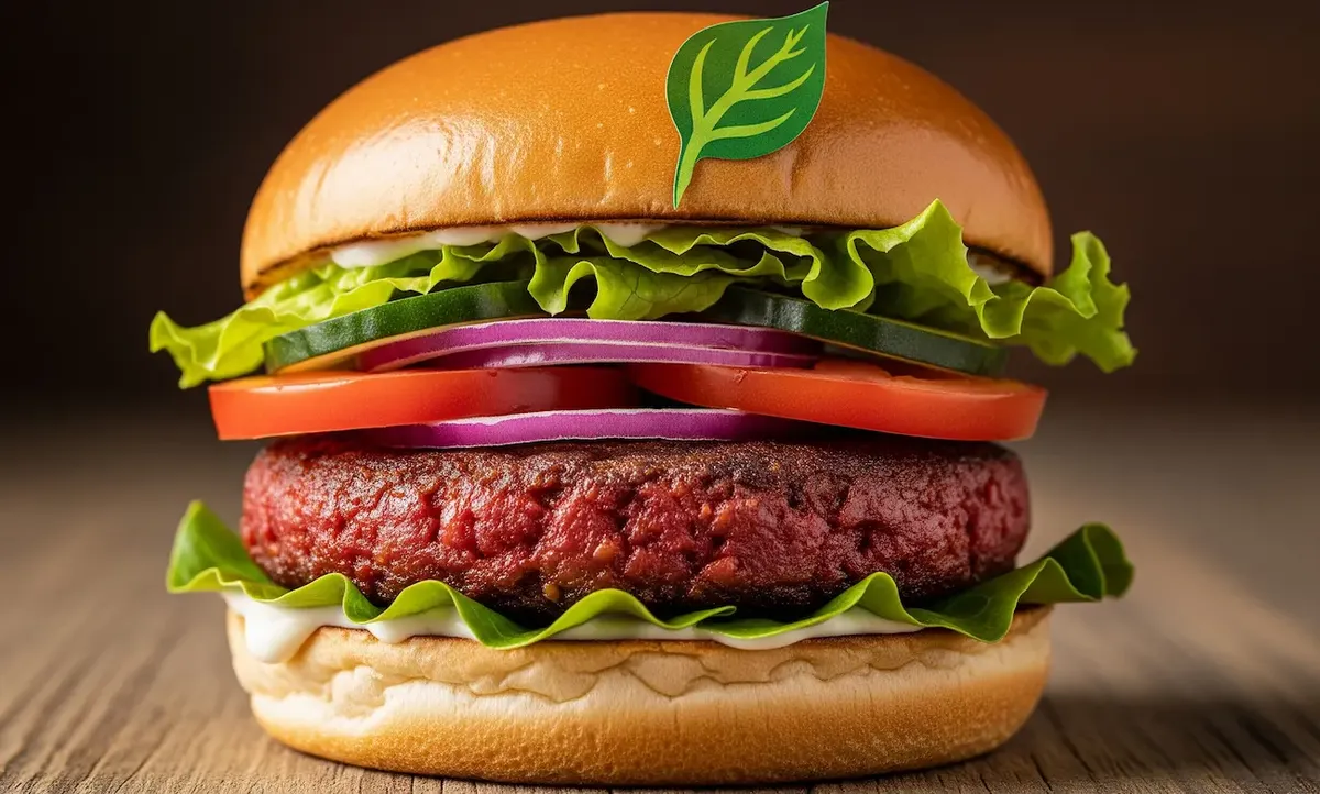 Hamburger vegetale con verdure fresche su tavolo di legno, aspetto appetitoso, plant-based