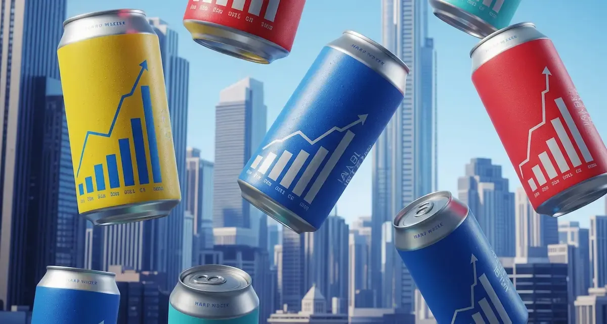Lattine colorate di hard seltzer con grafici di crescita su sfondo urbano americano, simboleggiando il boom del mercato USA
