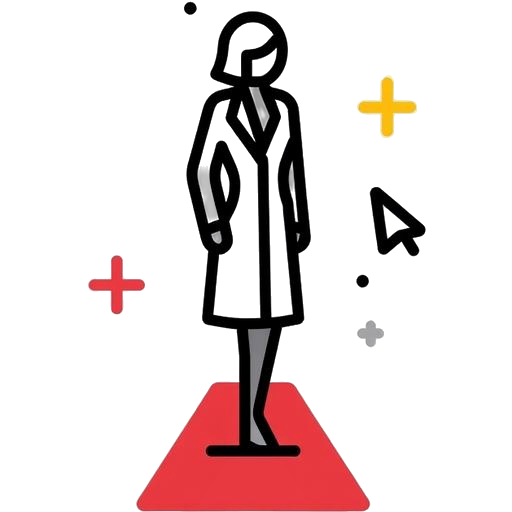 Icona stilizzata di una figura su tappeto rosso con elementi digitali, simbolo dell'innovazione di Balenciaga nell'alta moda