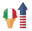 Icona: cono gelato con elementi italiani e una freccia di crescita con elementi USA, simbolo del successo export di basi per gelato Icona: cono gelato con elementi italiani e una freccia di crescita con elementi USA, simbolo del successo export di basi per gelato