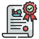 Icona di un certificato di approvazione con verdure e un segno di spunta, a simboleggiare la certificazione e la sicurezza alimentare.