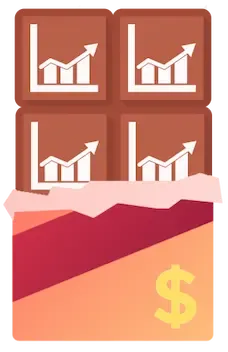 Icona: barretta di cioccolato con grafici a rialzo e dollaro sull'incarto, a simboleggiare la crescita nel mercato americano