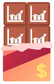 Icona: barretta di cioccolato con grafici a rialzo e dollaro sull'incarto, a simboleggiare la crescita nel mercato americano