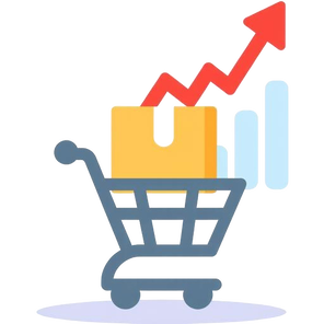 Icona stilizzata di un carrello della spesa con pacco e grafico a freccia rossa ascendente, che simboleggia la forte crescita delle vendite ecommerce