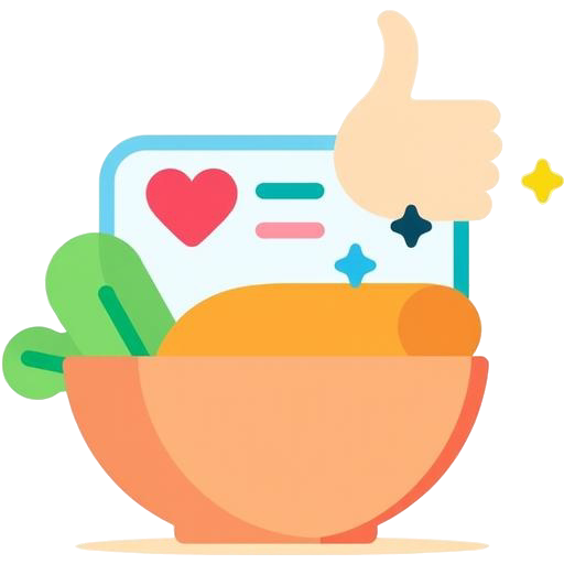 Icona di una ciotola di cibo con interfaccia digitale, cuore e pollice in su, rappresentante l'eccellenza del customer service nella ristorazione