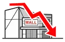 Icona: centro commerciale con freccia rossa in calo, simbolo del declino del settore retail