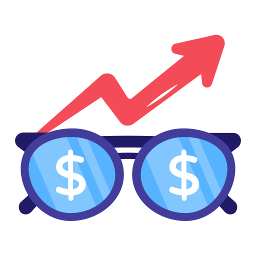 "Icona con occhiali, simboli di dollaro e freccia di crescita, rappresentante il successo finanziario di Warby Parker nel mercato DTC