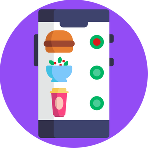 Icona di smartphone con diverse opzioni di cibo e marcatori di ordine, rappresentando l'e-commerce alimentare e le scelte di cibo online
