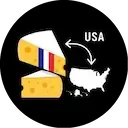 Icona di formaggio francese con bandiera, esportato verso la mappa degli Stati Uniti