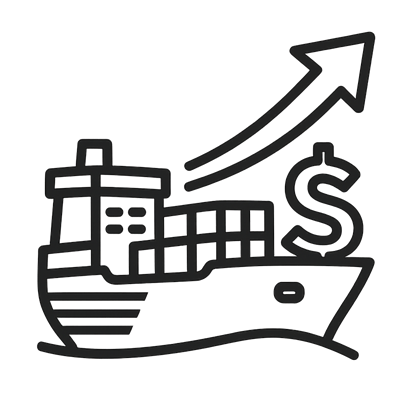 Icona: nave container, freccia in crescita e simbolo del dollaro, che rappresentano l'aumento delle importazioni e la ripresa economica negli Stati Uniti