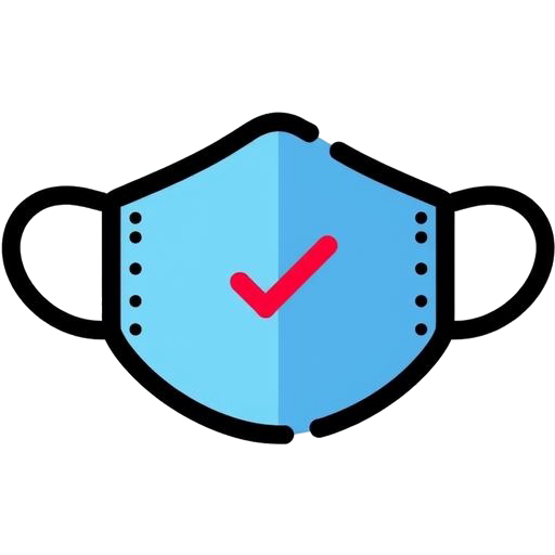 Icona stilizzata di una mascherina medica blu con un segno di spunta rosso, che indica la conformità e la certificazione FDA