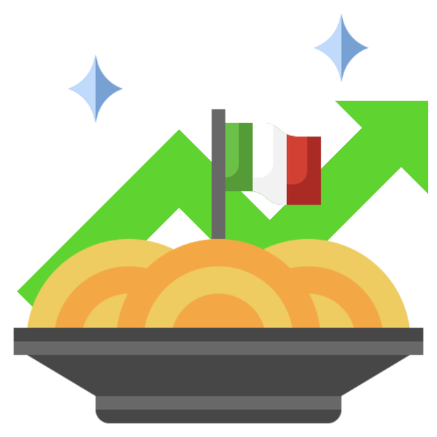 Icona: Pasta italiana con bandiera e freccia di crescita, simbolo di export e successo nel mercato USA.