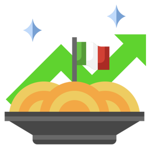 Icona: Pasta italiana con bandiera e freccia di crescita, simbolo di export e successo nel mercato USA.