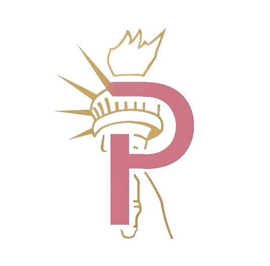 Icona stilizzata del logo Pinko con elementi della Statua della Libertà, rappresentante l'espansione negli Stati Uniti