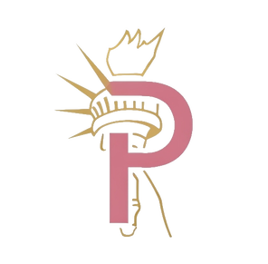 Icona stilizzata del logo Pinko con elementi della Statua della Libertà, rappresentante l'espansione negli Stati Uniti