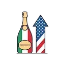 Icona: bottiglia di prosecco con elementi italiani e una freccia di crescita con elementi USA, simbolo del successo export Icona: bottiglia di prosecco con elementi italiani e una freccia di crescita con elementi USA, simbolo del successo export