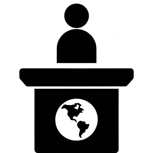 Icona di un seminario o presentazione sul business internazionale, con un globo e un podio