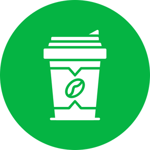 Icona stilizzata di una tazza di caffè da asporto con chicco, simbolo del servizio caffè nei punti vendita intelligenti Amazon e Starbucks