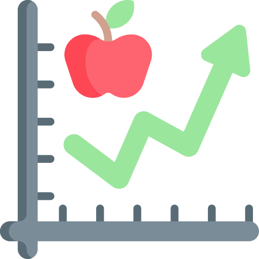 Icona di un grafico di crescita con una mela, che simboleggia i trend di mercato e l'alimentazione sana Icona di un grafico di crescita con una mela, che simboleggia i trend di mercato e l'alimentazione sana