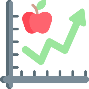 Icona di un grafico di crescita con una mela, che simboleggia i trend di mercato e l'alimentazione sana