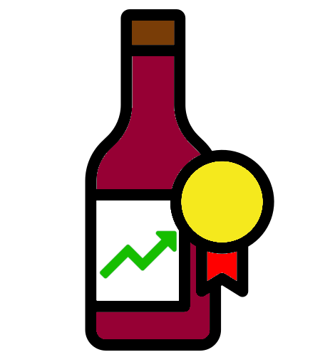 "Icona: Bottiglia di vino con grafico di crescita e medaglia, simbolo di successo nell'export.