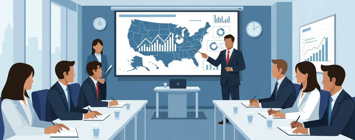 Illustrazione di un seminario di business con un docente che presenta strategie per il mercato statunitense a un gruppo di partecipanti