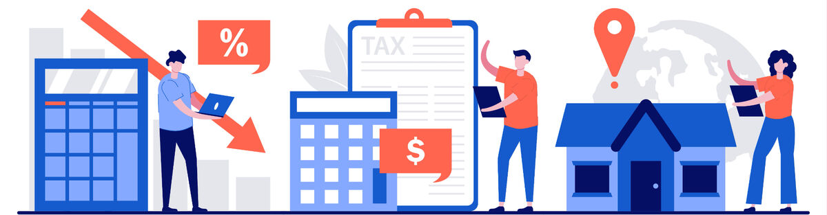 Illustrazione: persone che gestiscono tassazione, calcoli e stabile organizzazione per export USA