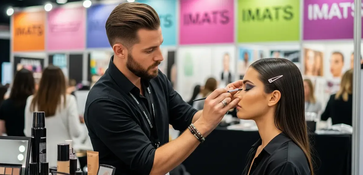 Un make-up artist applica il trucco a una modella durante l'IMATS di New York, che simboleggia l'energia e la creatività dell'evento