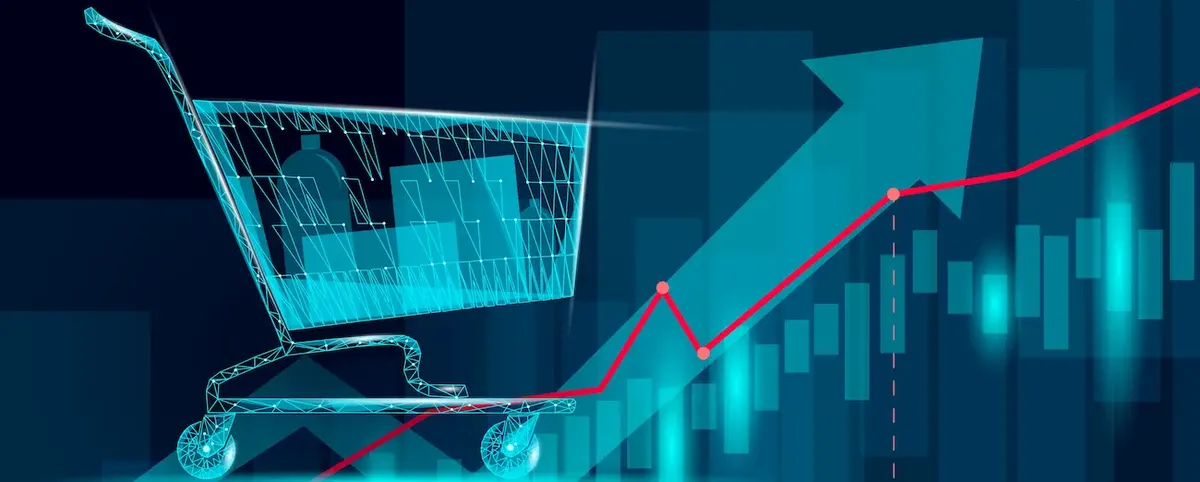 carrello della spesa in stile wireframe con un grafico di crescita e una freccia ascendente, che rappresenta l'aumento delle vendite online e i trend del mercato e-commerce
