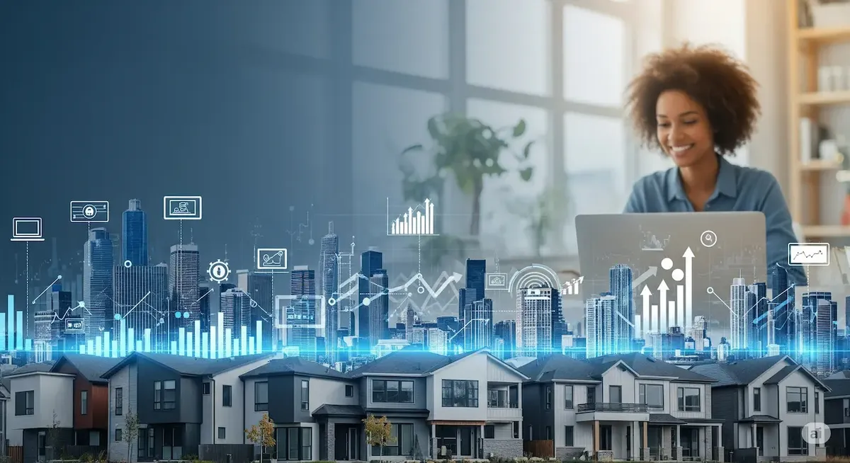 Scenario che fonde abitazioni moderne con elementi digitali, illustrando la trasformazione del settore immobiliare USA
