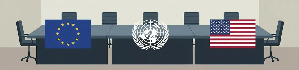 Sala riunioni con bandiere di UE, USA e simbolo ONU, a simboleggiare un incontro internazionale di commercio e diplomazia